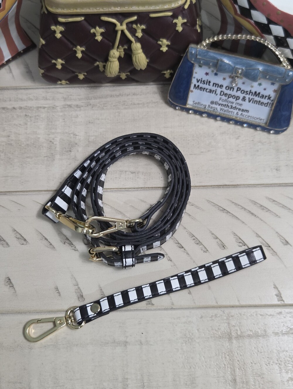 Black & White Striped Crossbody Purse Strap + Matching Wristlet Key Fob Set, LN